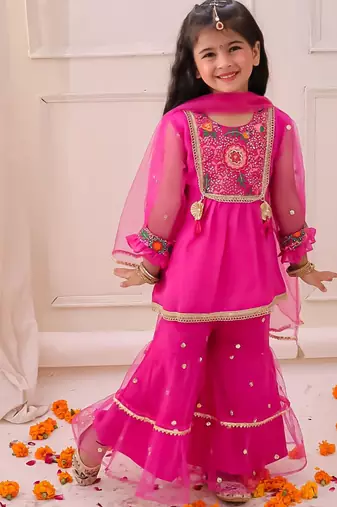 Rani pink embroidered georgette kurti sharara with dupatta set for girls