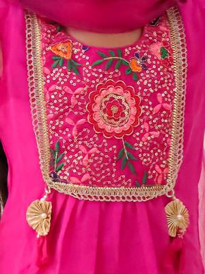 Rani pink embroidered georgette kurti sharara with dupatta set for girls 4