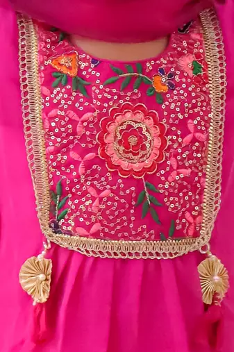 Rani pink embroidered georgette kurti sharara with dupatta set for girls