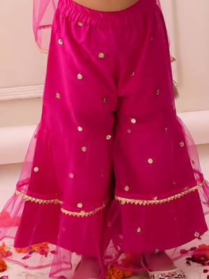 Rani pink embroidered georgette kurti sharara with dupatta set for girls 5
