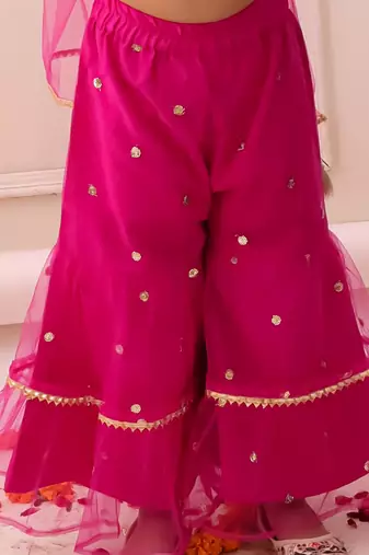 Rani pink embroidered georgette kurti sharara with dupatta set for girls