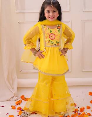Yellow embroidered georgette kurti sharara with dupatta set for girls 1