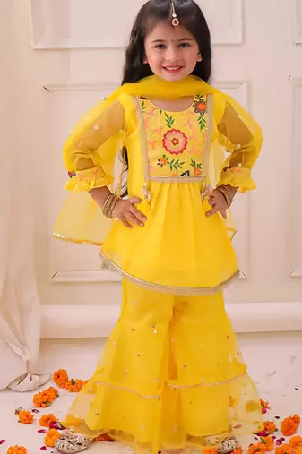 Yellow embroidered georgette kurti sharara with dupatta set for girls