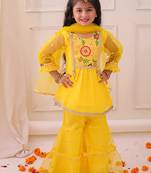 Yellow embroidered georgette kurti sharara with dupatta set for girls