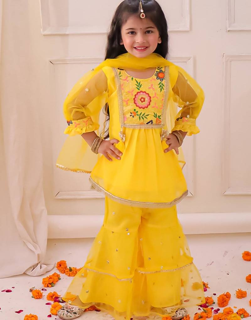 Yellow embroidered georgette kurti sharara with dupatta set for girls