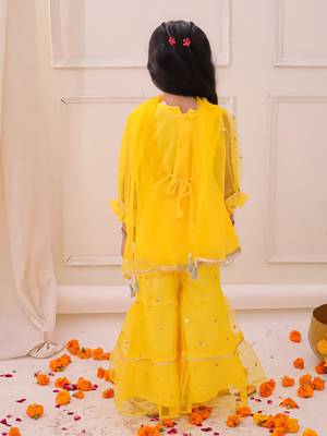 Yellow embroidered georgette kurti sharara with dupatta set for girls 2