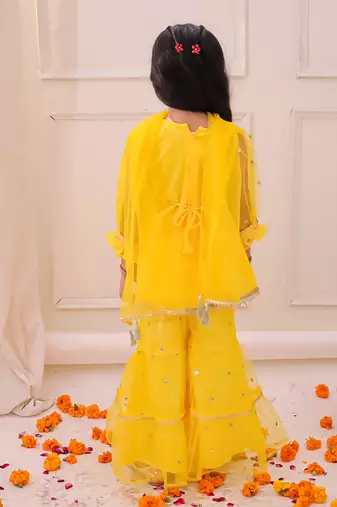 Yellow embroidered georgette kurti sharara with dupatta set for girls