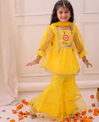 Yellow embroidered georgette kurti sharara with dupatta set for girls 3