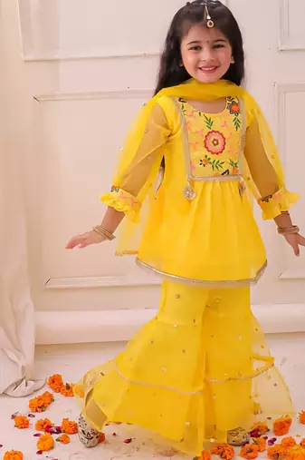 Yellow embroidered georgette kurti sharara with dupatta set for girls