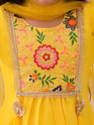 Yellow embroidered georgette kurti sharara with dupatta set for girls 4