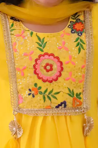 Yellow embroidered georgette kurti sharara with dupatta set for girls