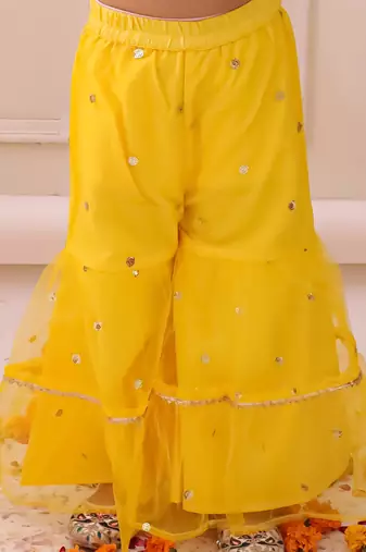 Yellow embroidered georgette kurti sharara with dupatta set for girls