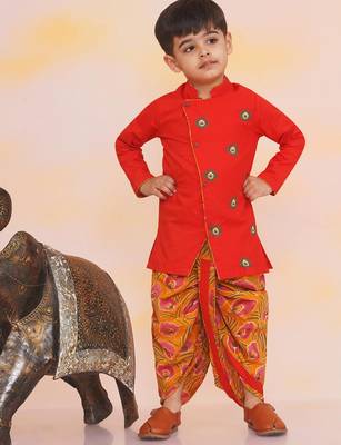 Orange embroidered cotton kurta dhoti set for boys 1