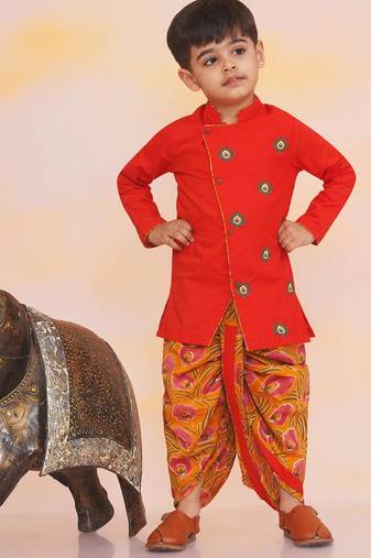 Orange embroidered cotton kurta dhoti set for boys