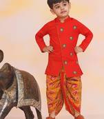 Orange embroidered cotton kurta dhoti set for boys