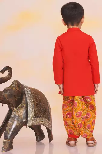 Orange embroidered cotton kurta dhoti set for boys