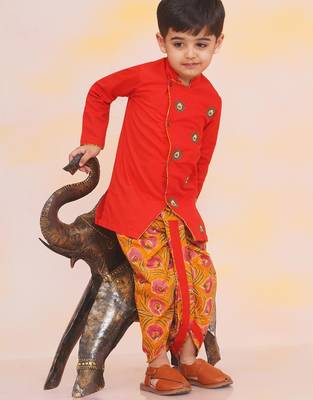 Orange embroidered cotton kurta dhoti set for boys 3