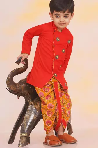 Orange embroidered cotton kurta dhoti set for boys