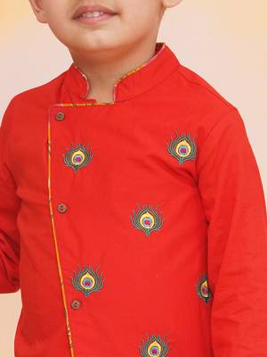 Orange embroidered cotton kurta dhoti set for boys 4