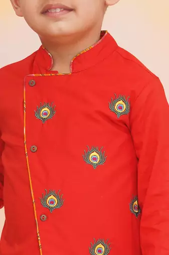 Orange embroidered cotton kurta dhoti set for boys