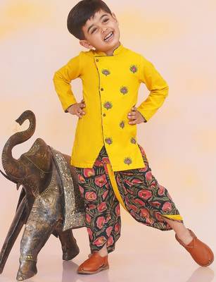 Yellow-green embroidered cotton kurta dhoti set for boys 1