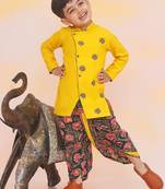 Yellow-green embroidered cotton kurta dhoti set for boys