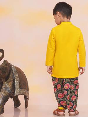 Yellow-green embroidered cotton kurta dhoti set for boys 2