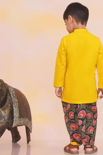 Yellow-green embroidered cotton kurta dhoti set for boys