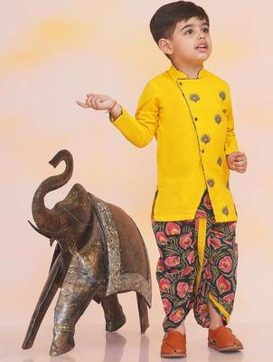 Yellow-green embroidered cotton kurta dhoti set for boys 3