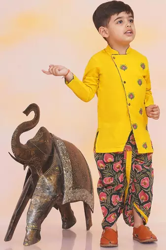 Yellow-green embroidered cotton kurta dhoti set for boys