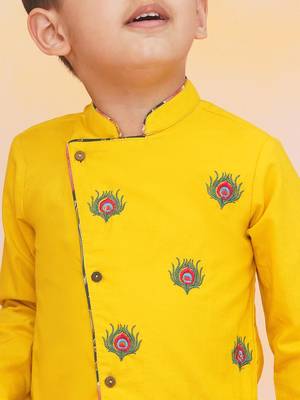 Yellow-green embroidered cotton kurta dhoti set for boys 4