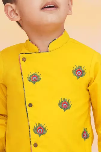 Yellow-green embroidered cotton kurta dhoti set for boys