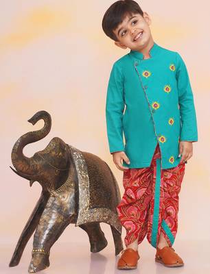 Green-red embroidered cotton kurta dhoti set for boys 1
