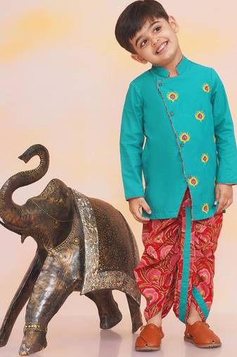 Green-red embroidered cotton kurta dhoti set for boys