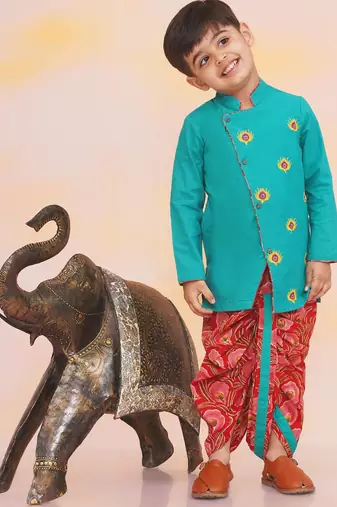 Green-red embroidered cotton kurta dhoti set for boys