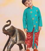 Green-red embroidered cotton kurta dhoti set for boys