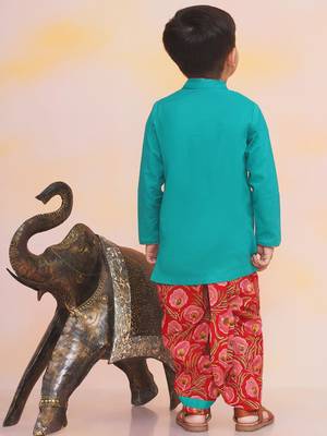 Green-red embroidered cotton kurta dhoti set for boys 2