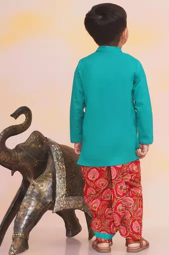 Green-red embroidered cotton kurta dhoti set for boys
