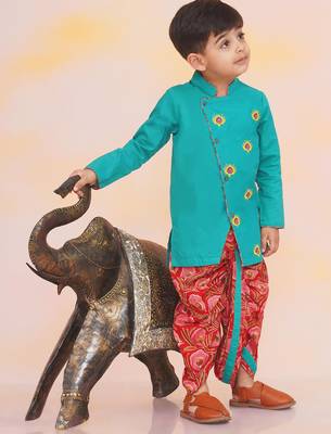 Green-red embroidered cotton kurta dhoti set for boys 3