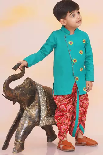 Green-red embroidered cotton kurta dhoti set for boys