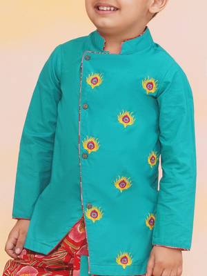 Green-red embroidered cotton kurta dhoti set for boys 4