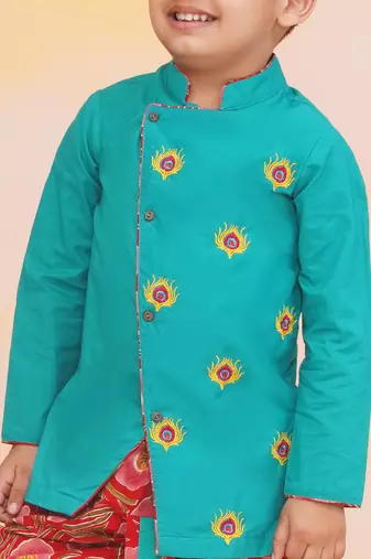 Green-red embroidered cotton kurta dhoti set for boys