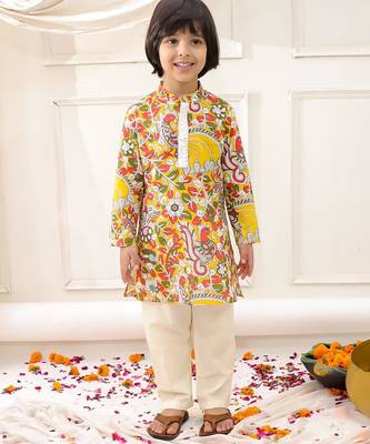 Yellow printed cotton kurta pyjama set for boys 1