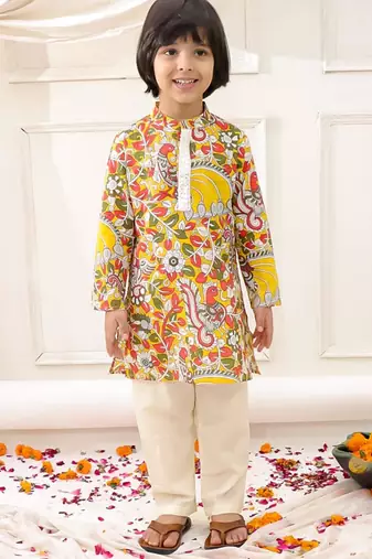 Yellow printed cotton kurta pyjama set for boys