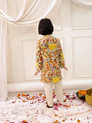 Yellow printed cotton kurta pyjama set for boys 2