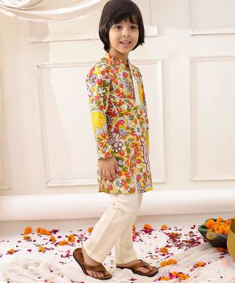 Yellow printed cotton kurta pyjama set for boys 3