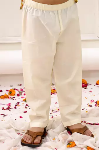 Yellow printed cotton kurta pyjama set for boys