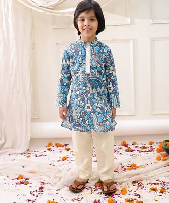 Blue printed cotton kurta pyjama set for boys 1