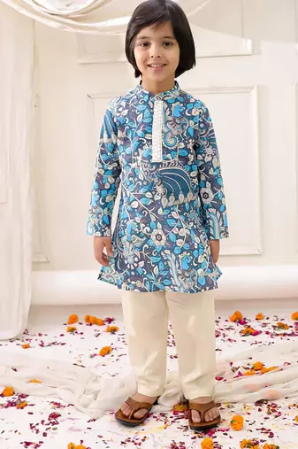 Blue printed cotton kurta pyjama set for boys