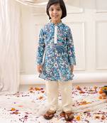 Blue printed cotton kurta pyjama set for boys